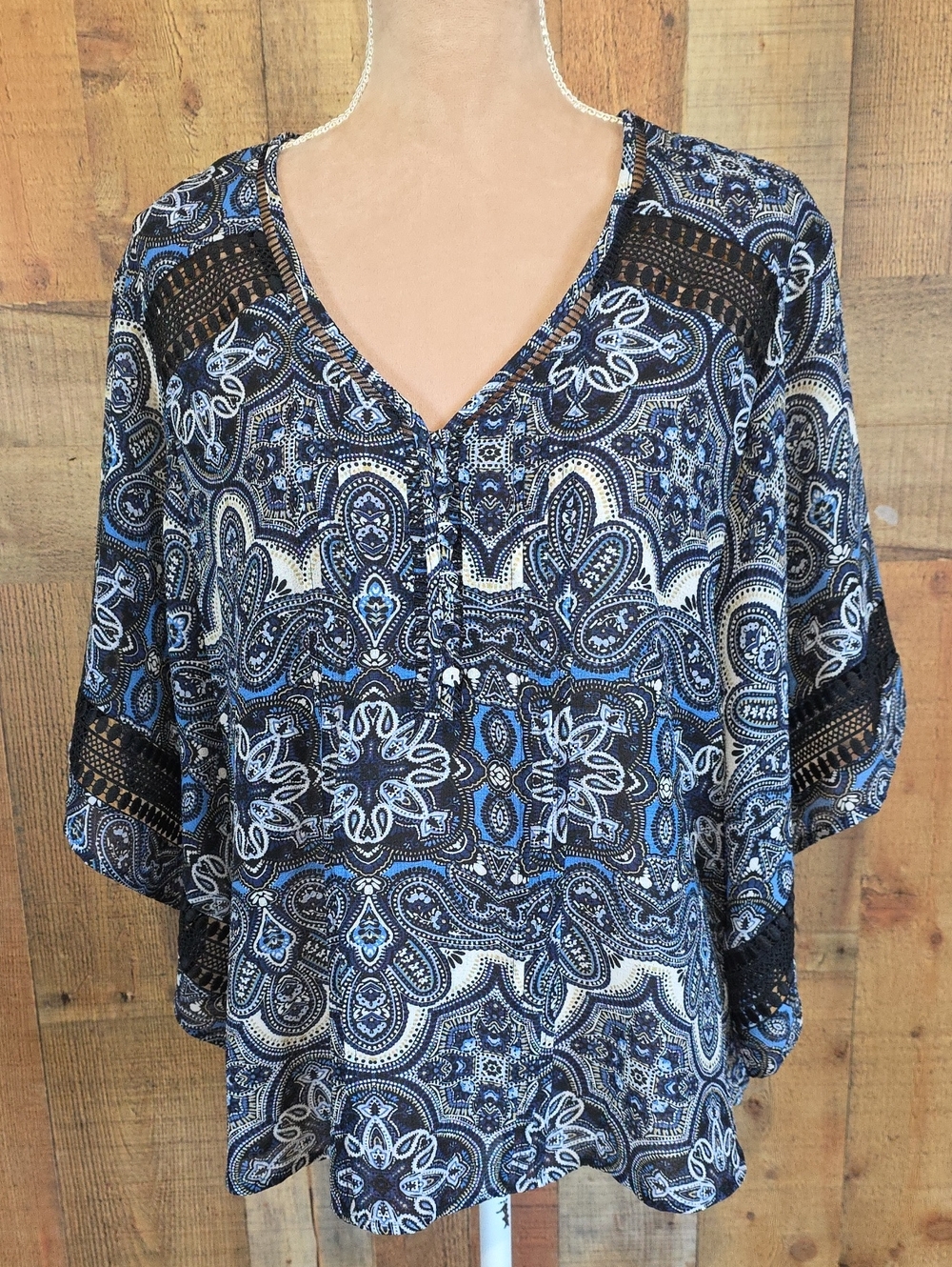 Zac & Rachel Blue and White Paisley V-Neck Tunic with Lace Insets